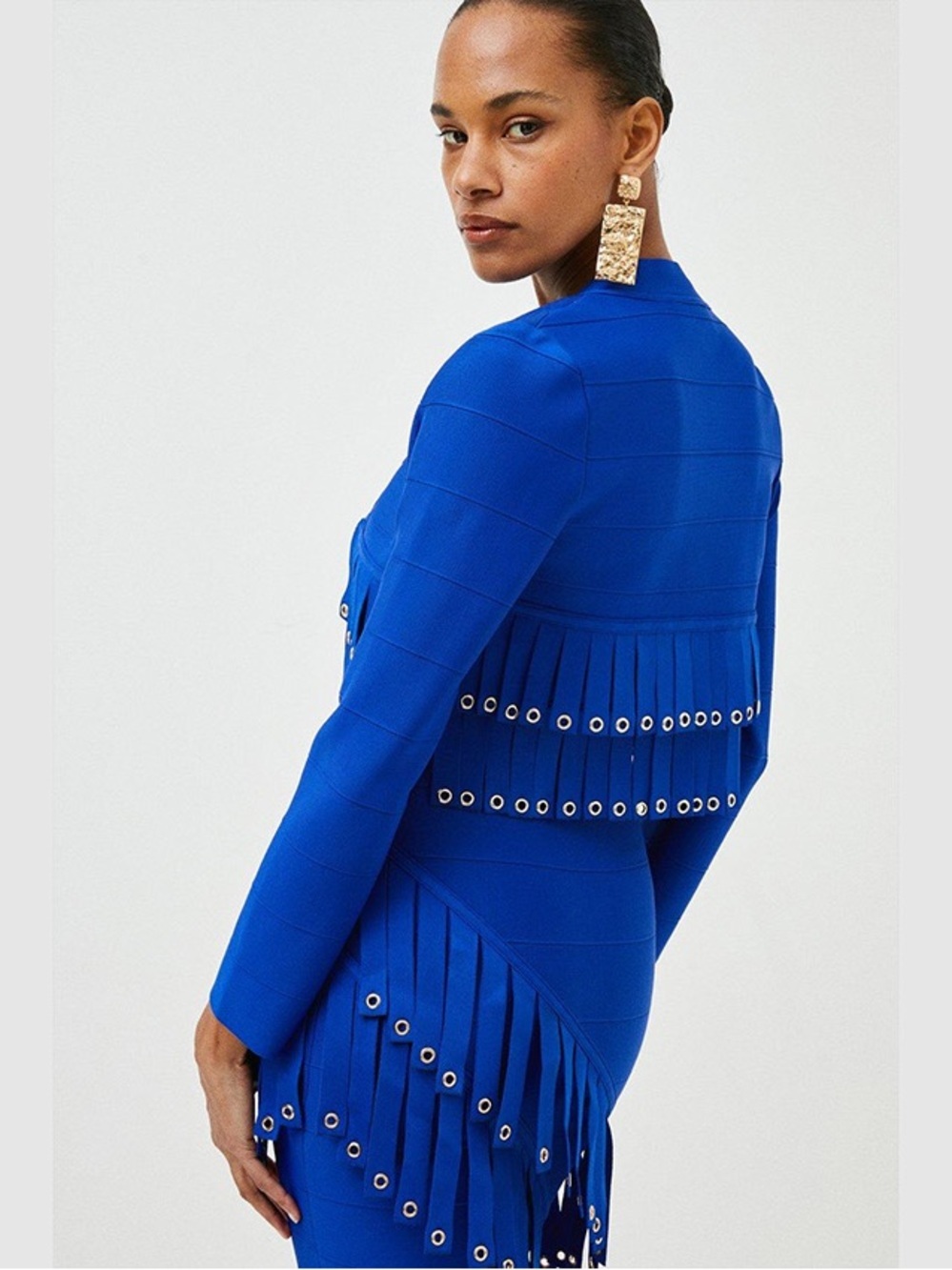 NWT Karen Millen
Eyelet Fringe Crop Bandage Knitted Cardigan